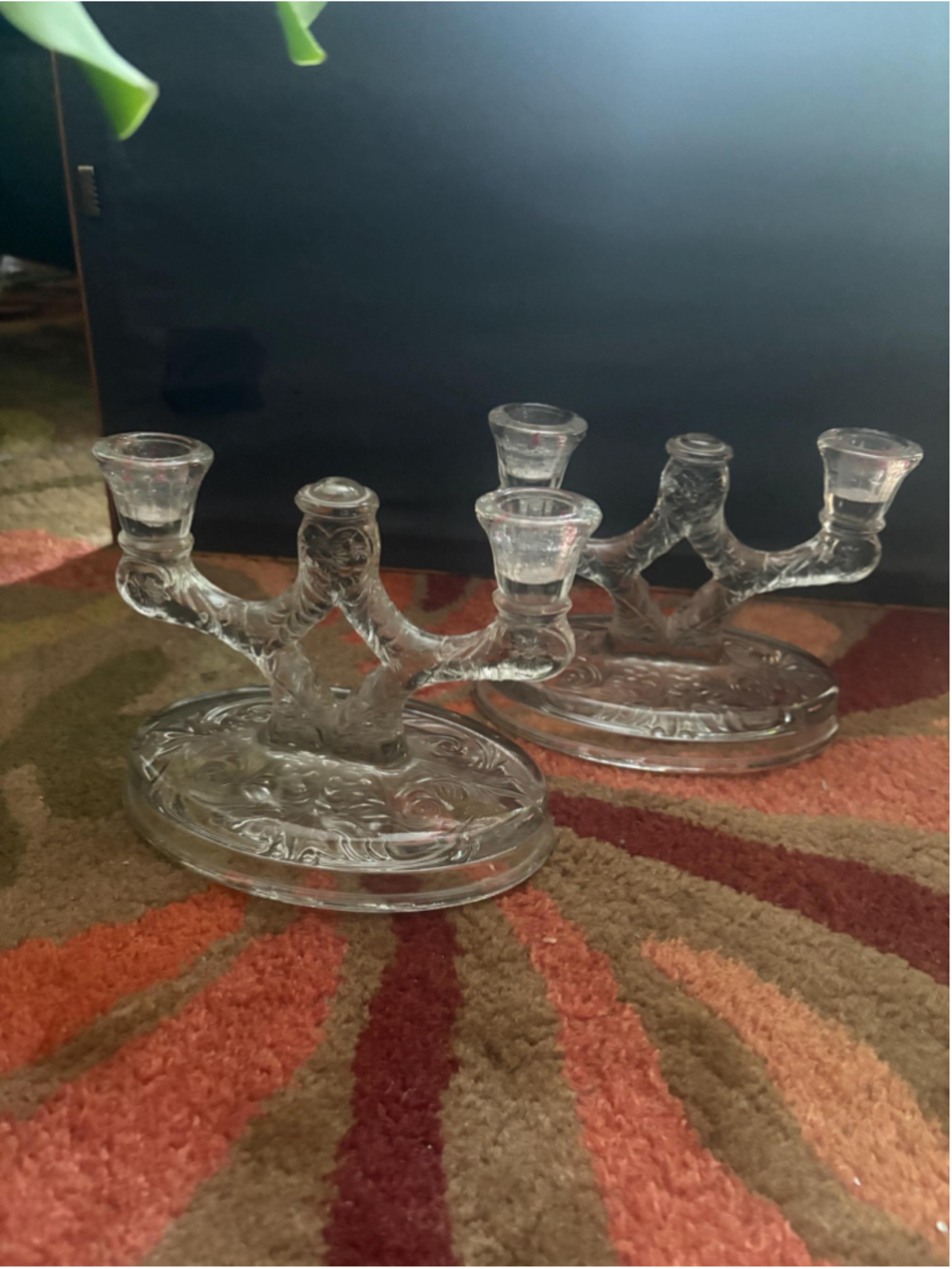 a pair of vintage McKee Rock Crystal Clear double light candlestick holders